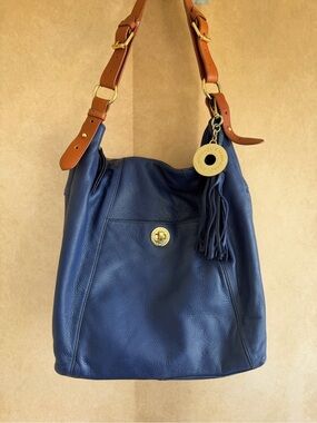 Isaac Mizrahi Navy Leather Hobo with Tan Strap and Tassel Charm